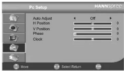 Pc Setup HANNSprice Auto Adjust Off H Position 0 V Position 0 Phase 0 Clock 0 Move Select Return None