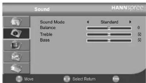 Sound HANNspree Sound Mode Standard Balance 0 Treble 50 Bass 50 Move Select Return