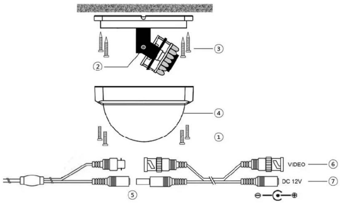 Technical diagram showing exploded view of a mechanical assembly with numbered components and labeled parts including VIDEO, DC 12V, and screw screws.