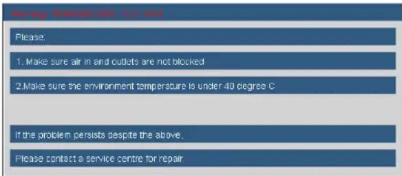 Please: 1. Make sure air in and outlets are not blocked 2. Make sure the environment temperature is under 40 degree C If the problem persists despite the above. Please contact a service centre for repair