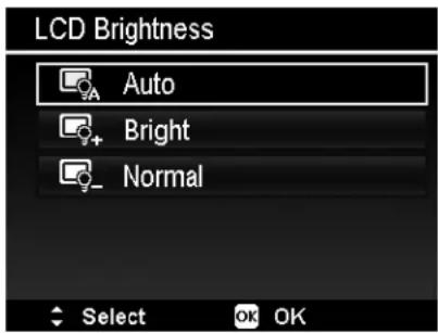 LCD Brightness Auto Bright Normal Select OK OK