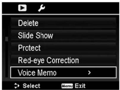 Delete Slide Show Protect Red-eye Correction Voice Memo > Select Menu Exit