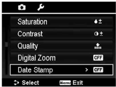 Saturation Contrast Quality Digital Zoom Date Stamp Select Menu Exit