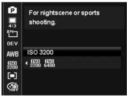 For nightscene or sports shooting. 4:3 8M 0EV AWB ISO 3200 ISO 3200 ISO 6400 3200 OFF