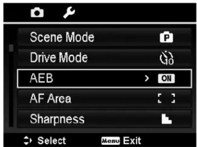 Scene Mode Drive Mode AEB > ON AF Area Sharpness Select Menu Exit