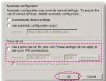 Automatic configuration Automatic configuration may override manual settings. To ensure the use of manual settings, disable automatic configuration. □ Automatically detect settings □ Use automatic configuration script Active: http://10.148.1/6988.psc Proxy server Use a proxy server for your LAN (These settings will not apply to dit-up or VPN connections). Active: 100.000.000 port: 100 Options: □ Cyclickey server configuration OK Cancel