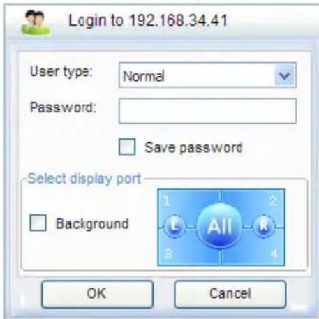 Login to 192.168.34.41 User type: Normal Password: Save password Select display port Background OK Cancel