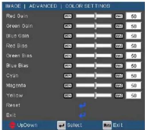 IMAGE | ADVANCED | COLOR SETTINGS Red Gain MIN WD 50 Green Gain MIN WD 50 Blue Gain MIN WD 50 Red Bias MIN WD 50 Green Bias MIN WD 50 Blue Bias MIN WD 50 Cyan MIN WD 50 Magenta MIN WD 50 Yellow MIN WD 50 Reset Exit UpDown Select Run Exit