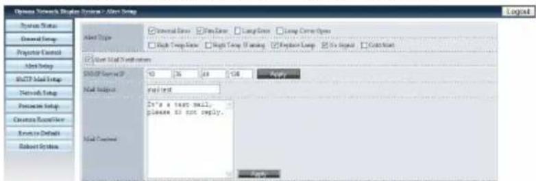 Open Access Network Connection System / Access Group System Status General Setup Projection Control Aber Setup MUTD Media Setup Network Setup Proportion Setup Creates Excel/Box Errors to Default robust System Alert Type Internal Data Remote Data Long Data Long Current Open Short Deep Data High Level If setting Replace Loop No Signal Contact Start User Mail Connection SUPPORT Service ID: 102 36 48 578 Mail Input: mail text mail Context: It's a Text Mail, please to not reply. Logos: Logos: