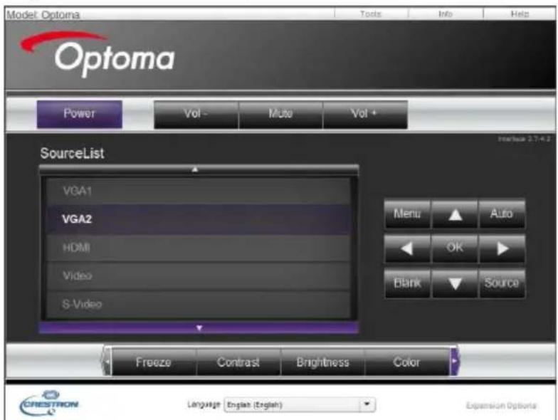 Model Optoma Optoma Power Vol - Muto Vol + SourceList VGA1 VGA2 HDMI Video S-Video Menu Auto OK Blank Source Freeze Contrast Brightness Color Language: English (English) Expansion Options