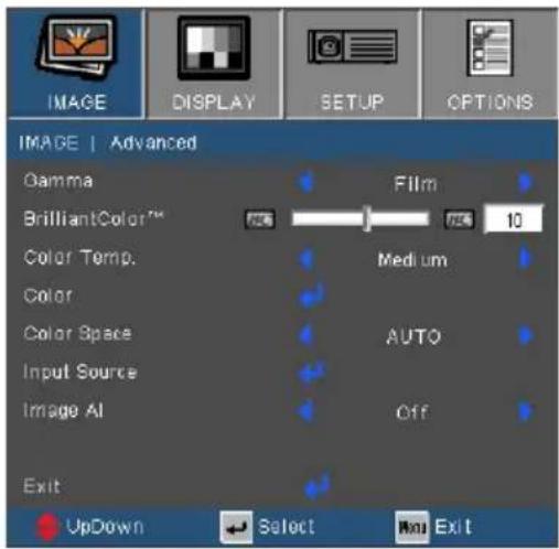 IMAGE | Advanced Gamma BrilliantColor™ Color Temp. Color Color Space Input Source Image AI Exit UpDown Select Exit Film 10 Medium AUTO Off