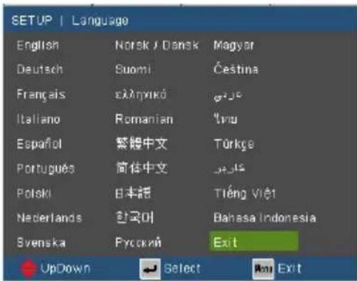 SETUP | Language English Norsk / Dansk Magyar Deutsch Suomi Čestina Français sālhyunkó ěrī Italiano Romanian űru Español 繁陽中文 Tūrkye Portugues 简体中文 ěaīyī Polski 日本話 Tiēng Viět Nederlands 柬국아 Bahasa Indonesia Svenska Русский Exit UpDown Select Run Exit