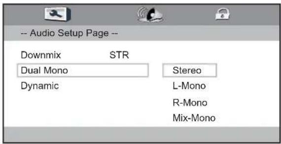 -- Audio Setup Page -- Downmix STR Dual Mono Stereo Dynamic L-Mono R-Mono Mix-Mono