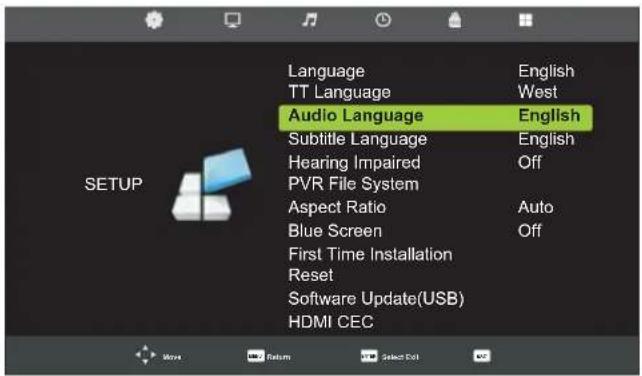 Language TT Language Audio Language Subtitle Language Hearing Impaired PVR File System Aspect Ratio Blue Screen First Time Installation Reset Software Update(USB) HDMI CEC English West English English Off Auto Off