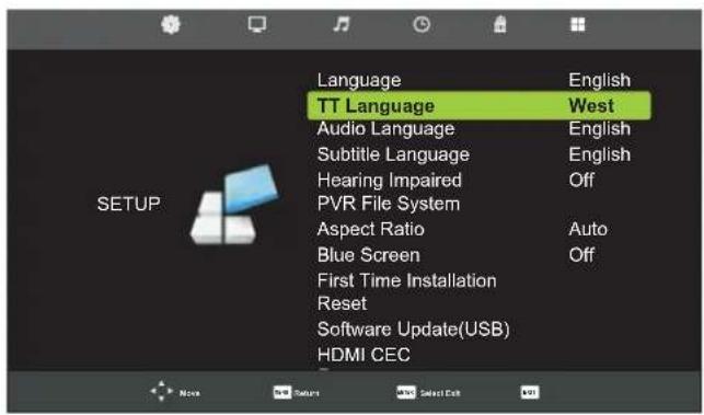 Language TT Language Audio Language Subtitle Language Hearing Impaired PVR File System Aspect Ratio Blue Screen First Time Installation Reset Software Update(USB) HDMI CEC English West English English Off Auto Off