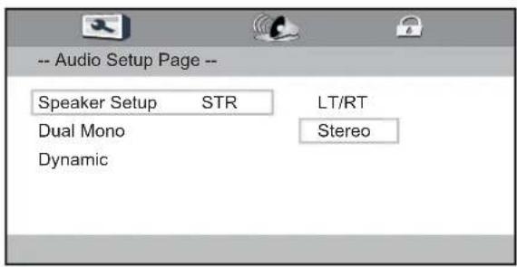 -- Audio Setup Page -- Speaker Setup STR LT/RT Dual Mono Stereo Dynamic