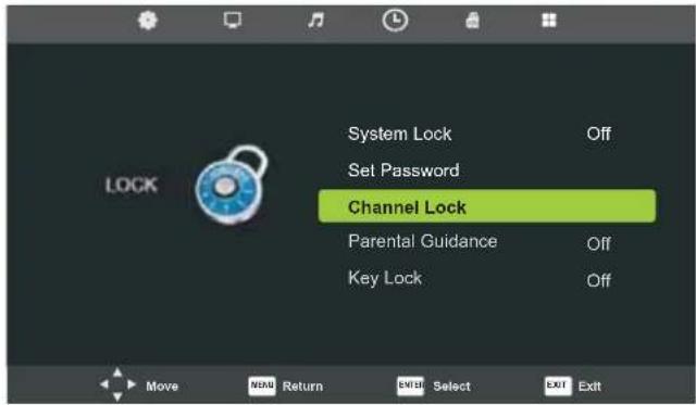System Lock Set Password Channel Lock Parental Guidance Key Lock Off Off Move NDAI Return OKR Select EXIT Exit