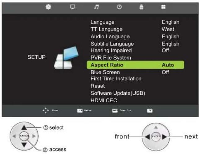 Language TT Language Audio Language Subtitle Language Hearing Impaired PVR File System Aspect Ratio Auto Blue Screen First Time Installation Reset Software Update(USB) HDMI CEC ① select ② access front—COUNTER—next