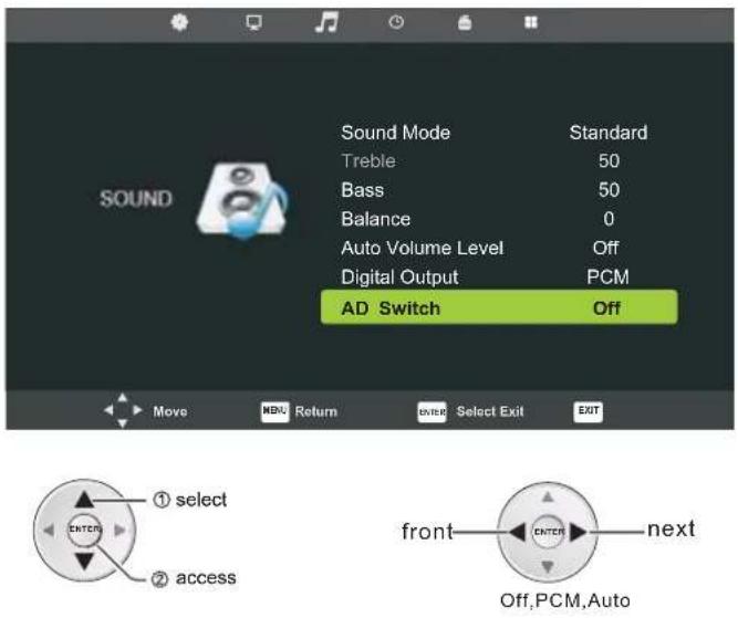 Sound Mode Treble Bass Balance Auto Volume Level Digital Output AD Switch Standard 50 50 0 PCM AD Switch Move MENU Return ENTER Select Exit EXIT ① select ② access front next Off,PCM,Auto