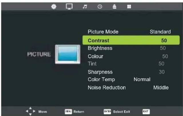 Picture Mode Contrast 50 Brightness 50 Colour 50 Tint 50 Sharpness 30 Color Temp Normal Noise Reduction Middle Move VEN Return ENTER Select Exit EXIT