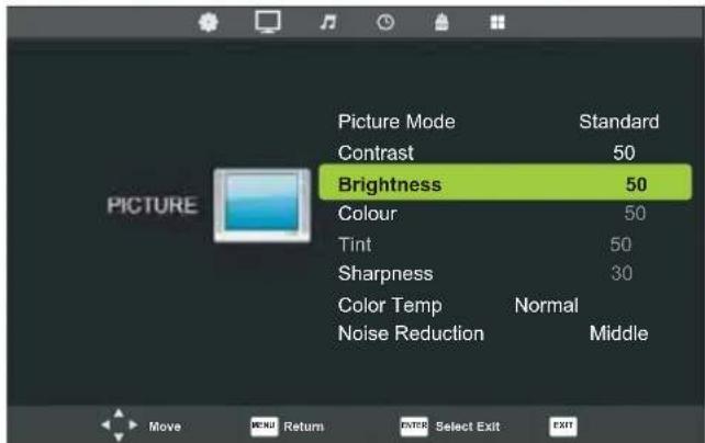 Picture Mode Contrast Brightness Colour Tint Sharpness Color Temp Noise Reduction Standard 50 50 50 30 Normal Middle Move MENU Return ENTER Select Exit EXIT