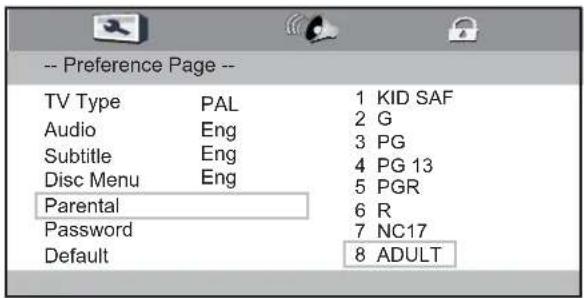 -- Preference Page -- TV Type PAL 1 KID SAF Audio Eng 2 G Subtitle Eng 3 PG Disc Menu Eng 4 PG 13 Parental 5 PGR Password 6 R Default 7 NC17 8 ADULT