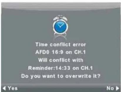 Time conflict error AFD0 16:9 on CH.1 Will conflict with Reminder:14:33 on CH.1 Do you want to overwrite it?