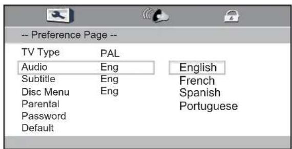 -- Preference Page -- TV Type PAL Audio Eng English Subtitle Eng French Disc Menu Eng Spanish Parental Password Default Portuguese