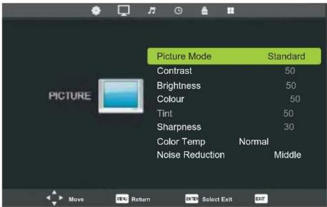 Picture Mode Contrast Brightness Colour Tint Sharpness Color Temp Noise Reduction Standard 50 50 50 30 Normal Middle Move VENU Return ENTER Select Exit EXIT
