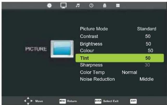 Picture Mode Standard Contrast 50 Brightness 50 Colour 50 Tint 50 Sharpness 30 Color Temp Normal Noise Reduction Middle Move MENU Return ENTER Select Exit EXIT