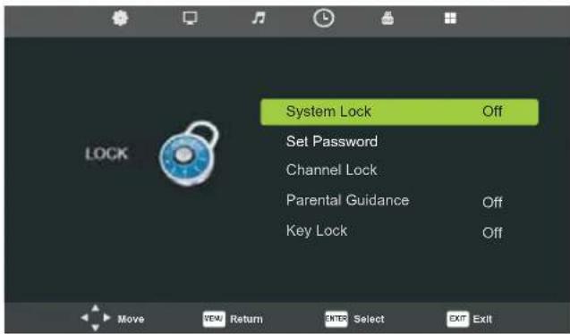 System Lock Set Password Channel Lock Parental Guidance Key Lock Off Off Move VDA Return ENTER Select EXIT Exit