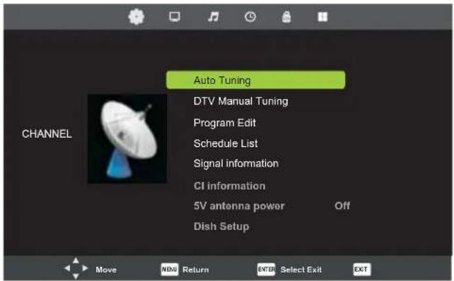 Auto Tuning DTV Manual Tuning Program Edit Schedule List Signal information CI information 5V antenna power Off Dish Setup CHANNEL Move NBU Return ENTER Select Exit EXIT