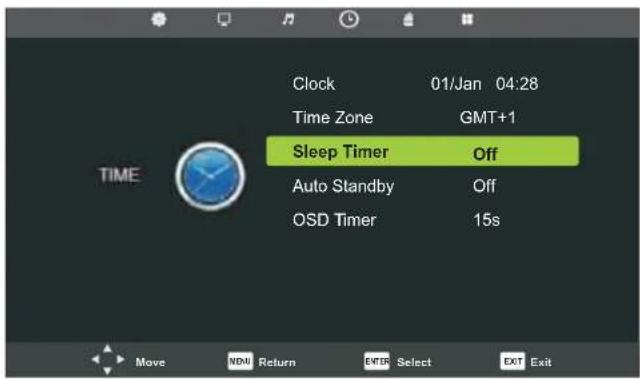 Clock 01/Jan 04:28 Time Zone GMT+1 Sleep Timer Off Auto Standby Off OSD Timer 15s Move NDU Return ENTER Select EXIT Exit