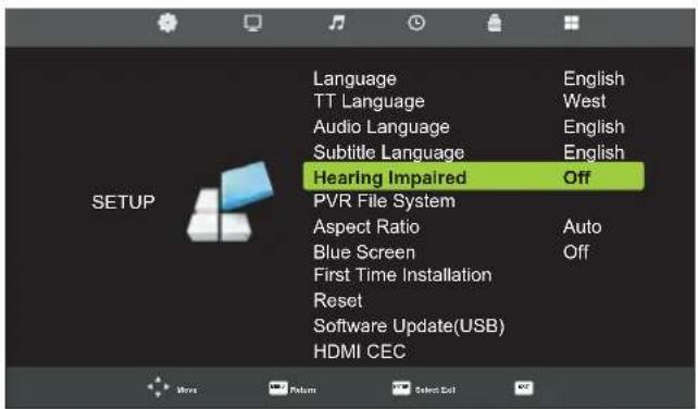 Language TT Language Audio Language Subtitle Language Hearing Impaired PVR File System Aspect Ratio Blue Screen First Time Installation Reset Software Update(USB) HDMI CEC English West English English Off Auto Off