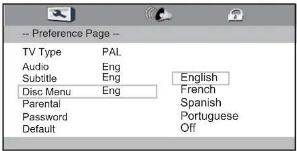 -- Preference Page -- TV Type PAL Audio Eng Subtitle Eng Disc Menu Eng Parental Password Default English French Spanish Portuguese Off