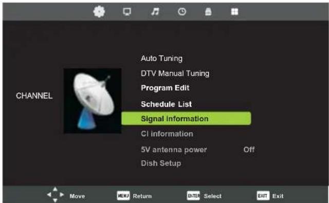 CHANNEL Auto Tuning DTV Manual Tuning Program Edit Schedule List Signal Information CI information 5V antenna power Off Dish Setup Move MENU Return B/TEP Select EXIT Exit