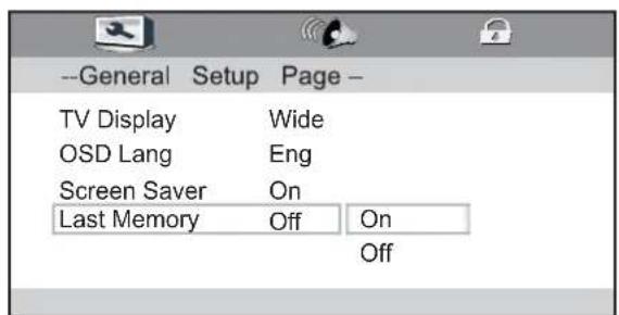 --General Setup Page - TV Display Wide OSD Lang Eng Screen Saver On Last Memory Off On Off