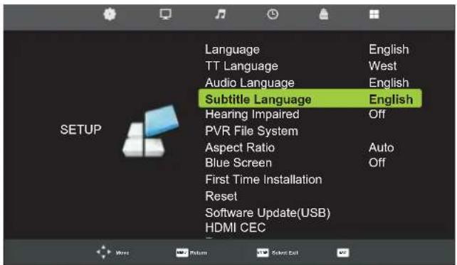 Language TT Language Audio Language Subtitle Language Hearing Impaired PVR File System Aspect Ratio Blue Screen First Time Installation Reset Software Update(USB) HDMI CEC English West English Off Auto Off