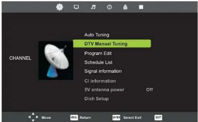 Auto Tuning DTV Manual Tuning Program Edit Schedule List Signal information CI information 5V antenna power Off Dish Setup CHANNEL Move VEU Return ENTER Select Exit EXIT