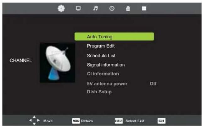 Auto Tuning Program Edit Schedule List Signal information CI Information 5V antenna power Off Dish Setup CHANNEL Movefooter Return ENTER Select Exit EXIT