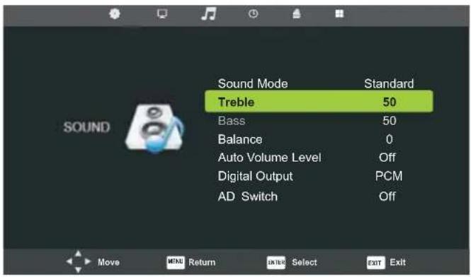 Sound Mode Treble 50 Bass 50 Balance 0 Auto Volume Level Off Digital Output PCM AD Switch Off