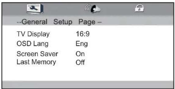 --General Setup Page - TV Display 16:9 OSD Lang Eng Screen Saver On Last Memory Off
