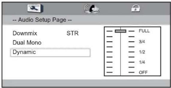-- Audio Setup Page -- Downmix STR Dual Mono Dynamic FULL 3/4 1/2 1/4 OFF