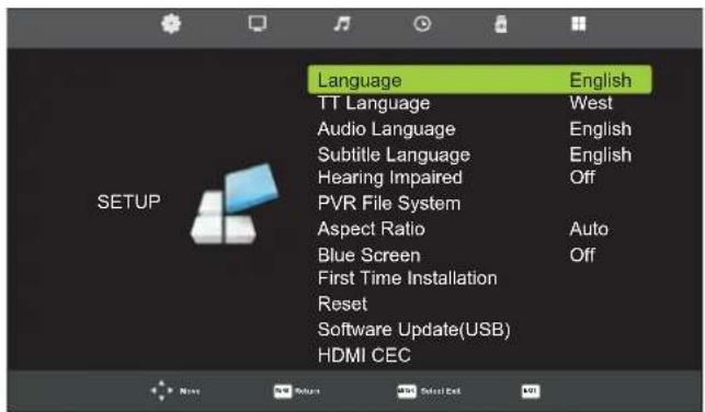 Language English TT Language West Audio Language English Subtitle Language English Hearing Impaired Off PVR File System Aspect Ratio Auto Blue Screen Off First Time Installation Reset Software Update(USB) HDMI CEC