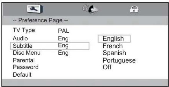-- Preference Page -- TV Type PAL Audio Eng Subtitle Eng Disc Menu Eng Parental Password Default English French Spanish Portuguese Off