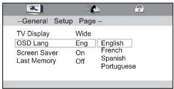 --General Setup Page - TV Display Wide OSD Lang Eng English Screen Saver On French Last Memory Off Spanish Portuguese