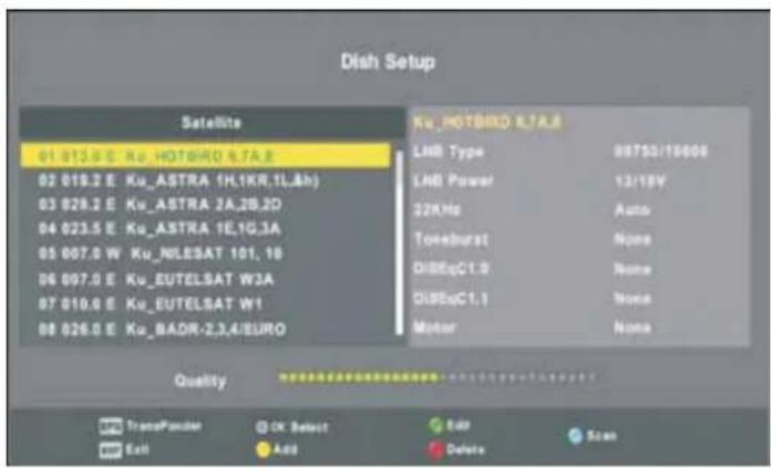 Dish Setup Satellite 01 015.0 E Ku_HOTBIRD 6.7A.8 02 019.2 E Ku_ASTRA (H,1KR,1L,8h) 03 028.2 E Ku_ASTRA 2A,2B,2D 04 023.5 E Ku_ASTRA 1E,1G,3A 05 007.0 W Ku_NLESAT 101, 10 06 097.0 E Ku_EUTELSAT W3A 07 019.6 E Ku_EUTELSAT W1 08 026.0 E Ku_BADR-2,3,4/EURO Ku_HOTBIRD 8.7A.8 LNB Type 89750/19600 LNB Power 13/15V 22KHz Auto Toneburst None DiBEqC1.9 None DiBEqC1.1 None Motor None Quality OK Select Add Delete Scan