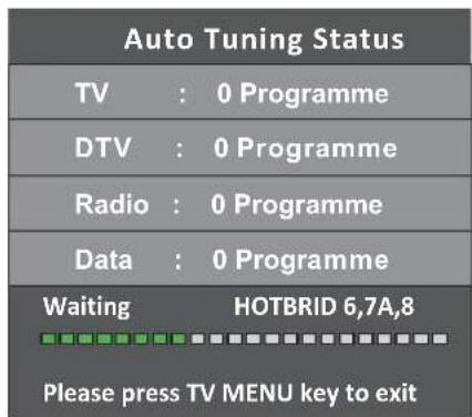 Auto Tuning Status TV : 0 Programme DTV : 0 Programme Radio : 0 Programme Data : 0 Programme Waiting HOTBRID 6,7A,8 Please press TV MENU key to exit