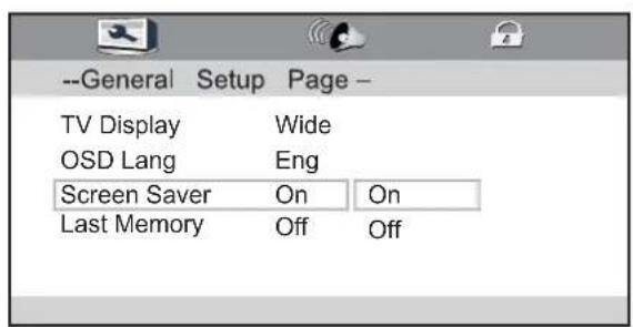 --General Setup Page - TV Display Wide OSD Lang Eng Screen Saver On On Last Memory Off Off