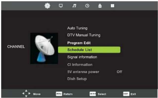 CHANNEL Auto Tuning DTV Manual Tuning Program Edit Schedule List Signal information CI Information 5V antenna power Off Dish Setup Move Return Select Exit Exit